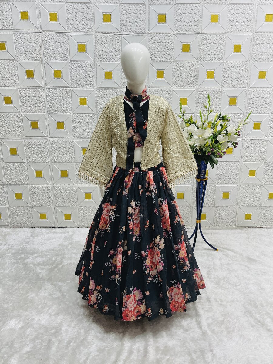 Black Heavy Fox Georgette Embroidered Sequins Ethnic Casual Festival Party Wedding Lehengas Girls Wear