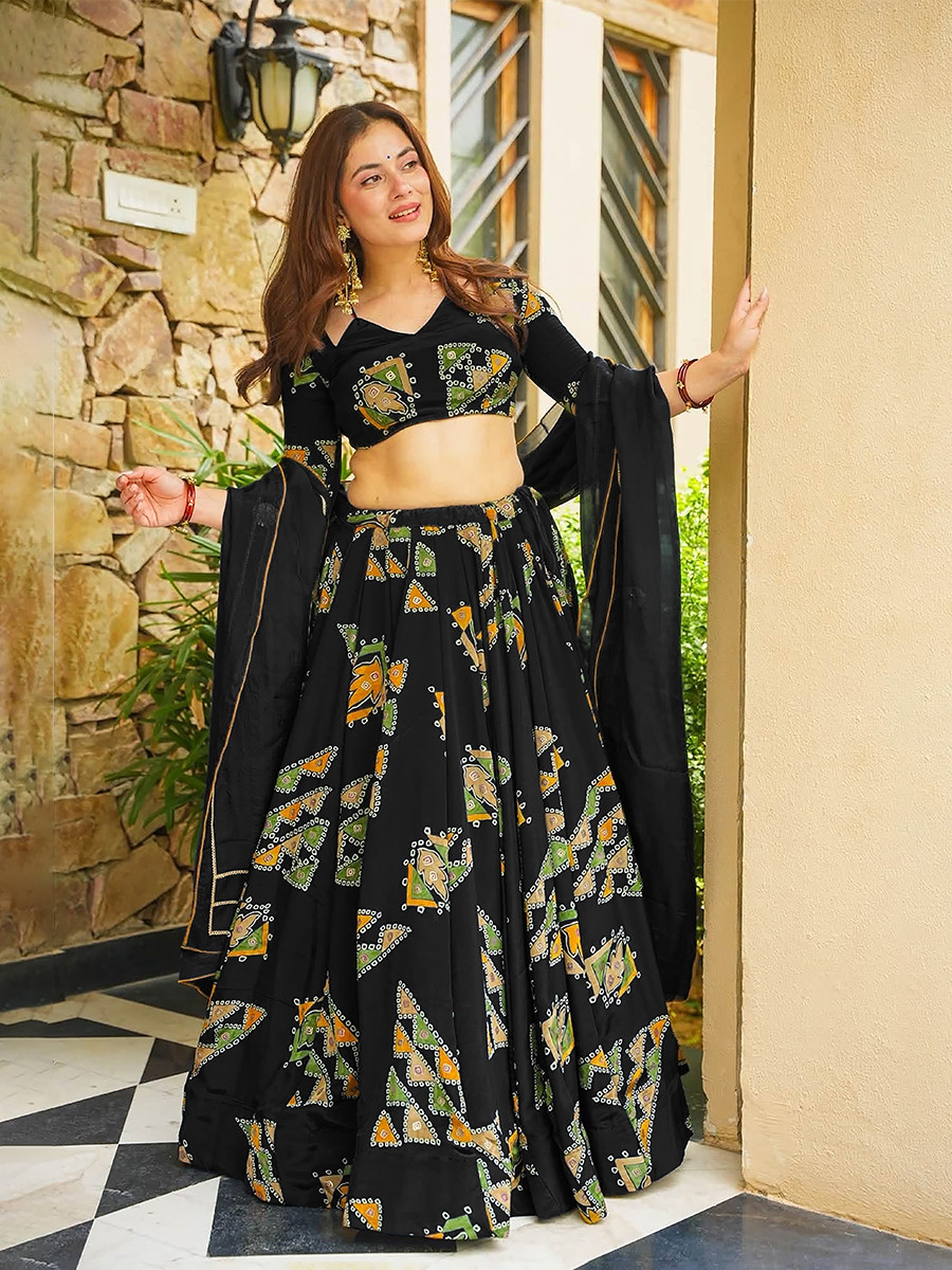 Black Heavy french crape silk Printed Wedding Reception Party Wear Festival Ready Circular Lehenga Choli
