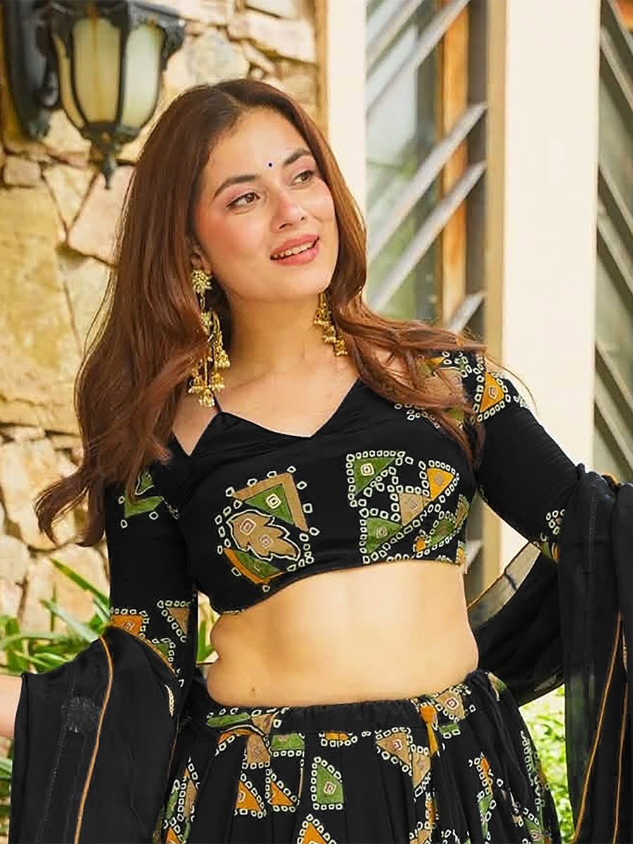 Black Heavy french crape silk Printed Wedding Reception Party Wear Festival Ready Circular Lehenga Choli