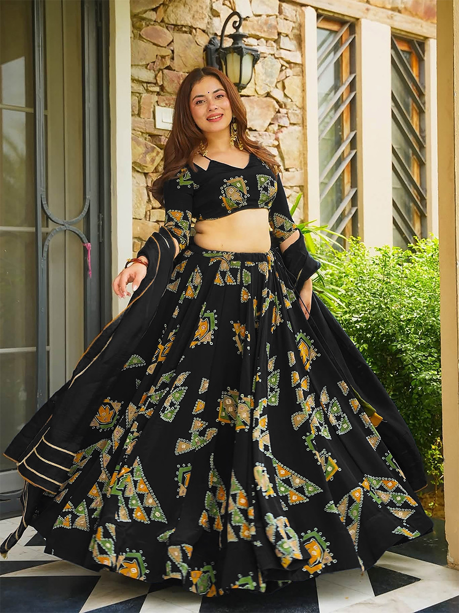Black Heavy french crape silk Printed Wedding Reception Party Wear Festival Ready Circular Lehenga Choli