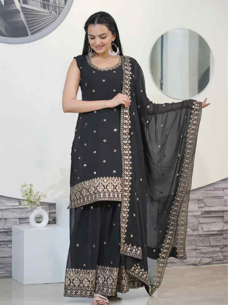 Black Heavy Georgette Embroidered Party Casual Ready Palazzo Pant Salwar Kameez