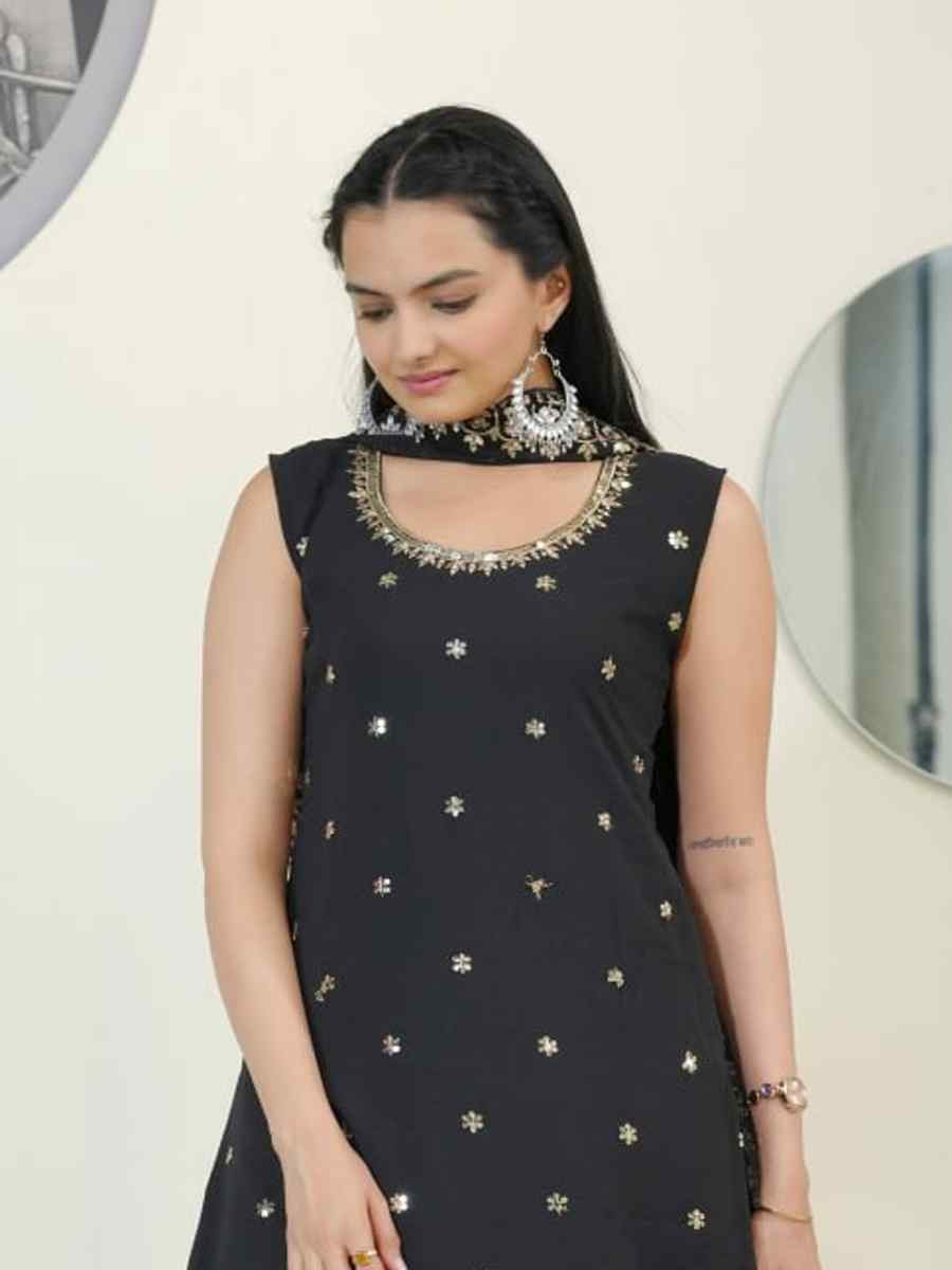 Black Heavy Georgette Embroidered Party Casual Ready Palazzo Pant Salwar Kameez