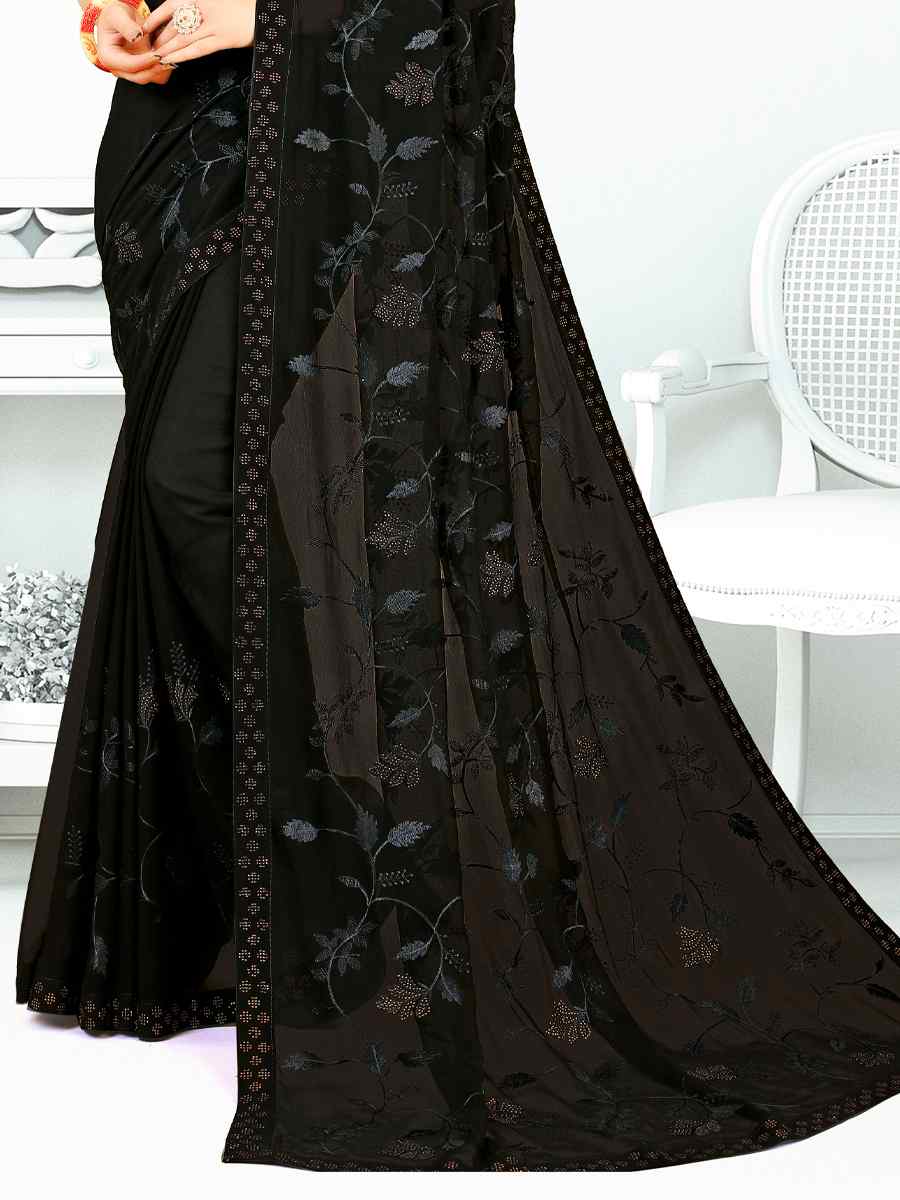 Black Heavy Georgette Embroidered Wedding Festival Classic Style Saree