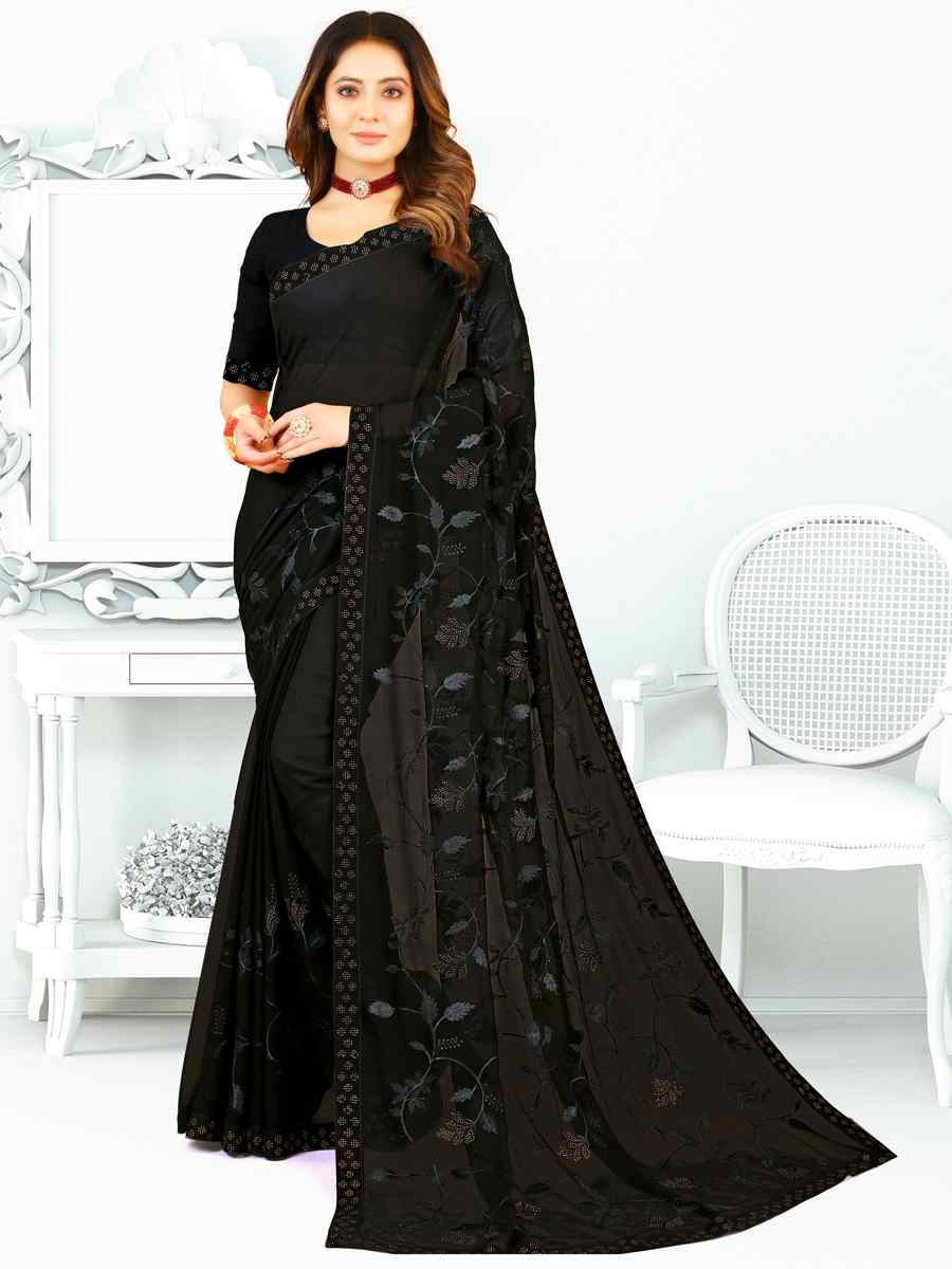 Black Heavy Georgette Embroidered Wedding Festival Classic Style Saree