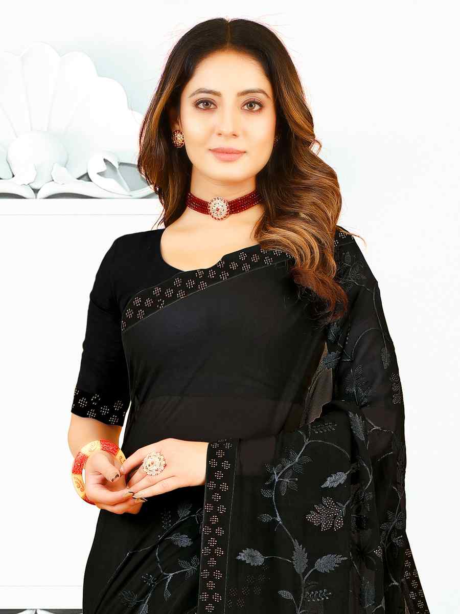 Black Heavy Georgette Embroidered Wedding Festival Classic Style Saree