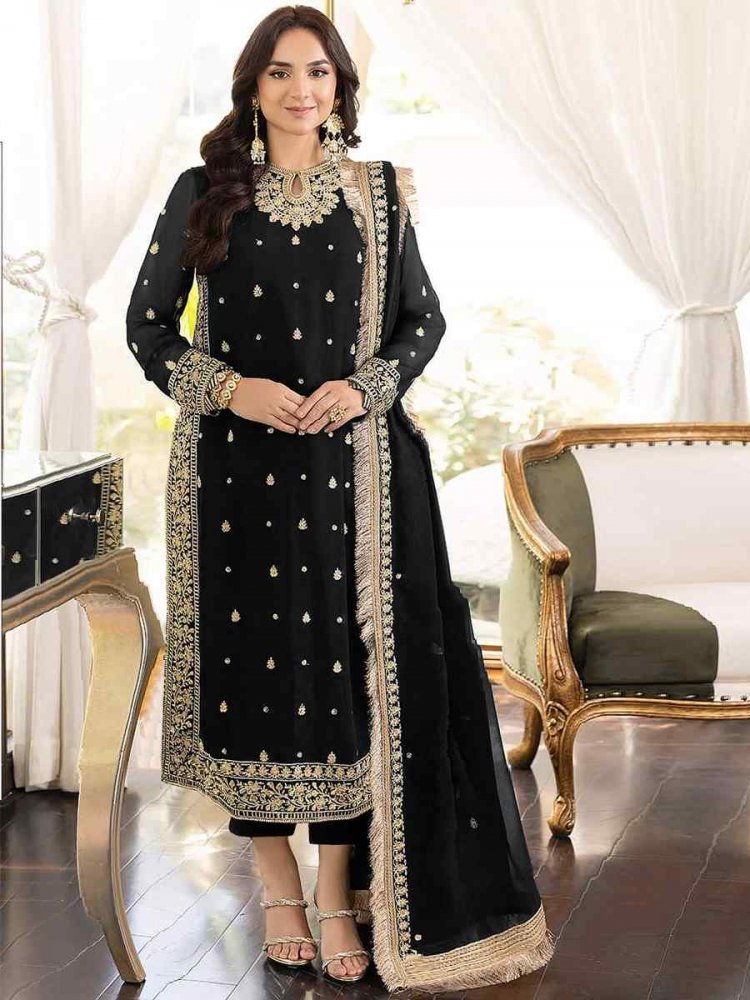 Black Heavy Georgette Embroidered Wedding Party Pant Salwar Kameez