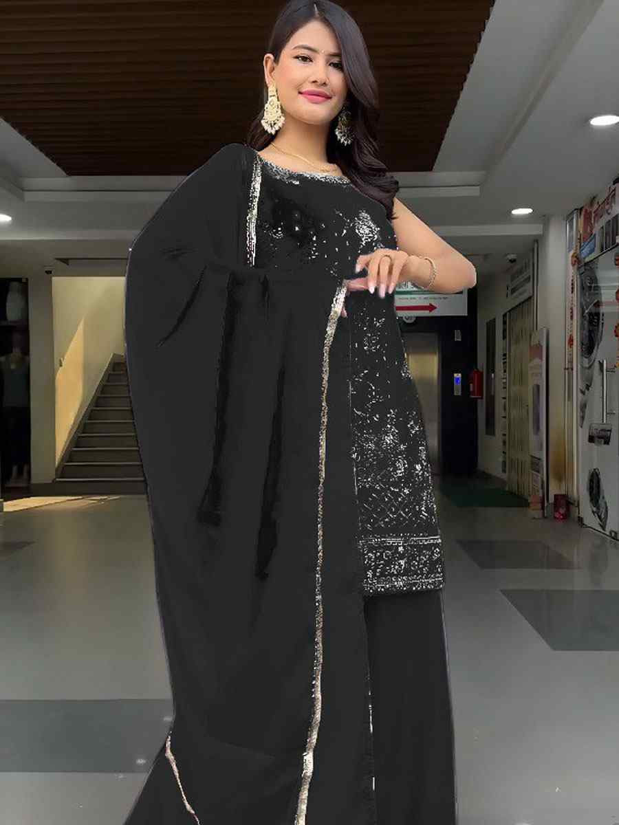 Black Heavy Georgette Embroidery Party Wedding Festival Casual Ready Palazzo Pant Salwar Kameez