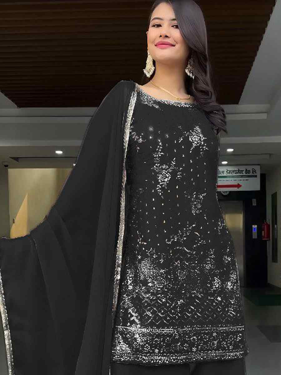 Black Heavy Georgette Embroidery Party Wedding Festival Casual Ready Palazzo Pant Salwar Kameez