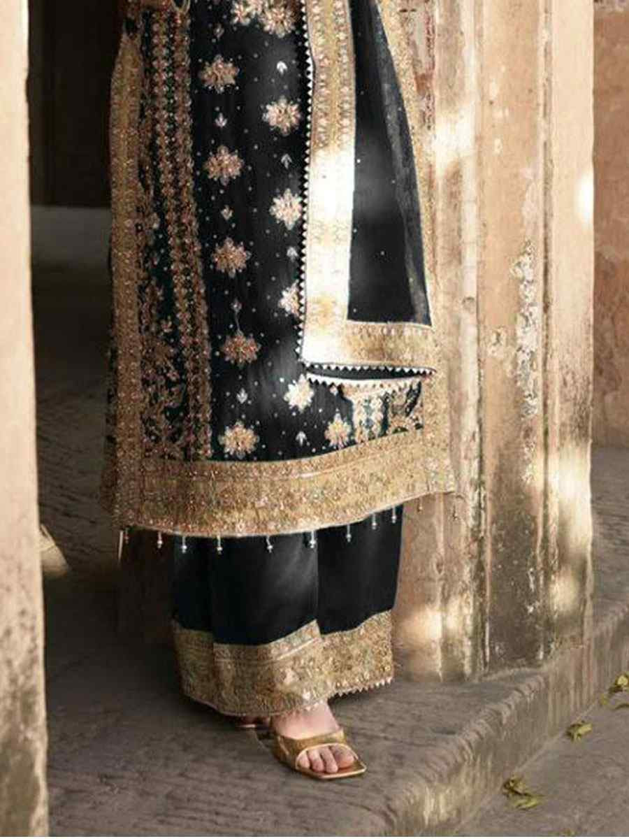 Black Heavy Georgette Embroidery Party Wedding Festival Casual Ready Pant Salwar Kameez