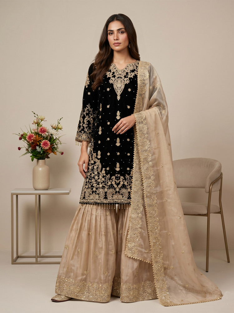 Image of Black Heavy Gmy Silk Embroidery Sequins Rivet Moti Work Wedding Party Festival Casual Ready Sharara Pant Salwar Kameez