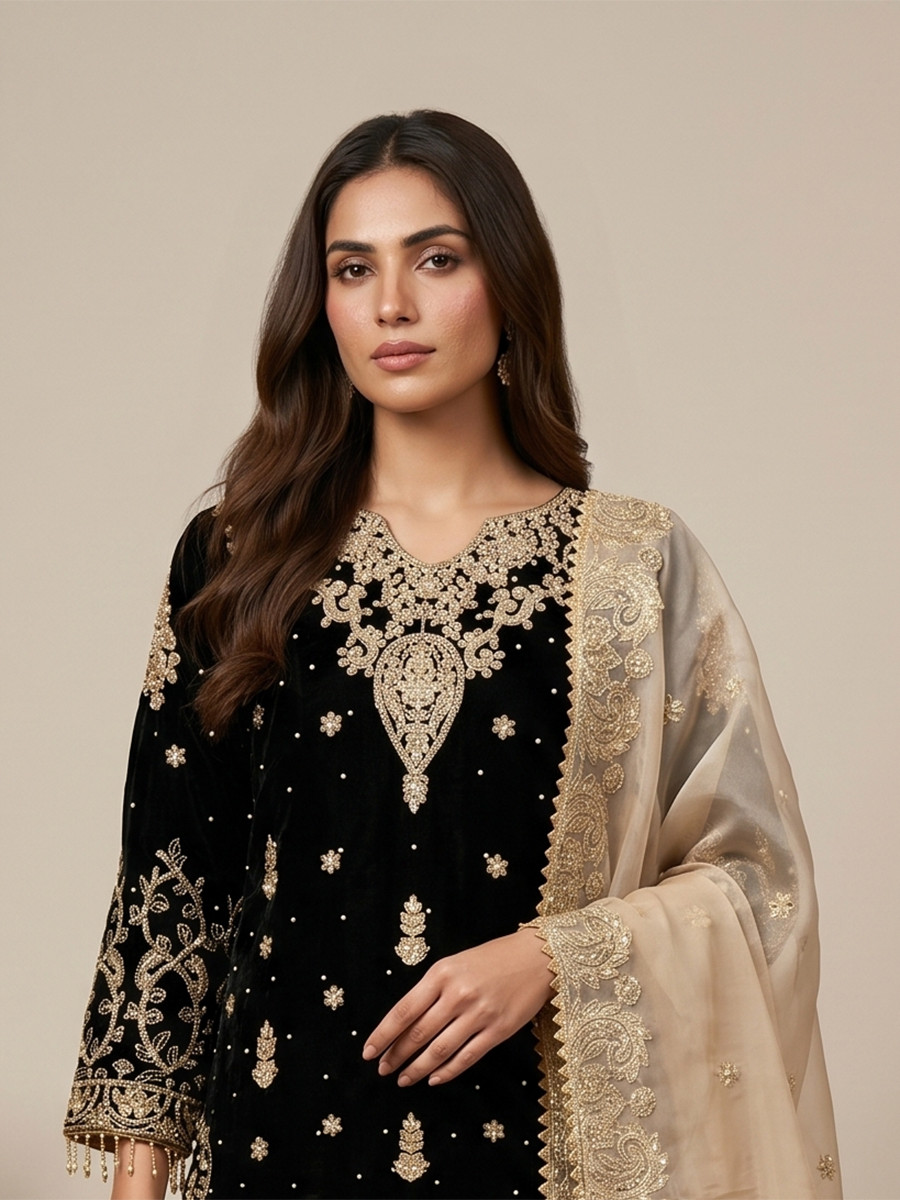 Black Heavy Gmy Silk Embroidery Sequins Rivet Moti Work Wedding Party Festival Casual Ready Sharara Pant Salwar Kameez