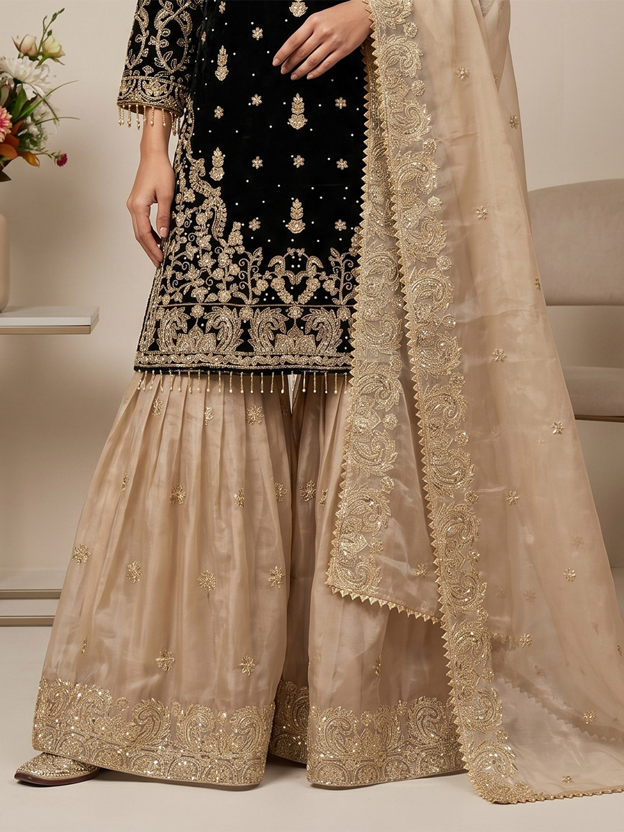 Black Heavy Gmy Silk Embroidery Sequins Rivet Moti Work Wedding Party Festival Casual Ready Sharara Pant Salwar Kameez