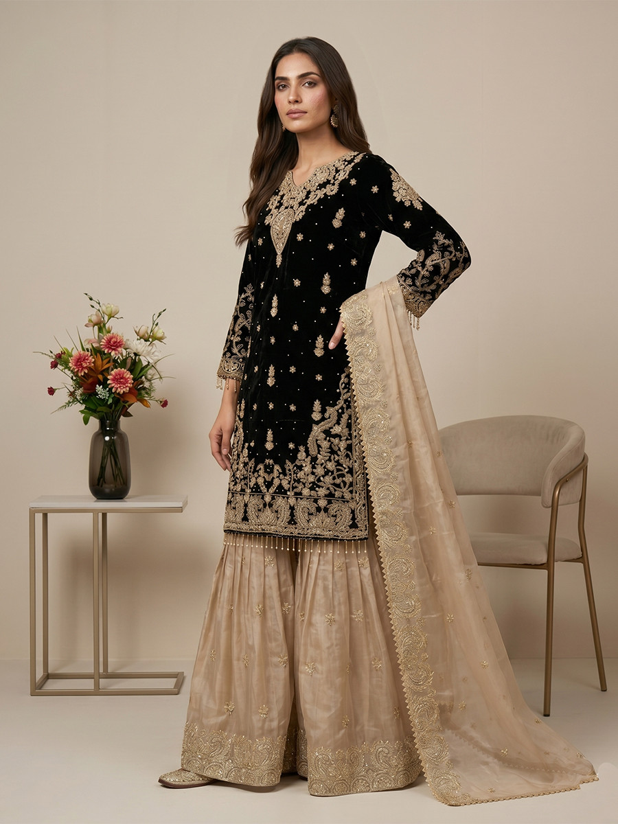 Black Heavy Gmy Silk Embroidery Sequins Rivet Moti Work Wedding Party Festival Casual Ready Sharara Pant Salwar Kameez
