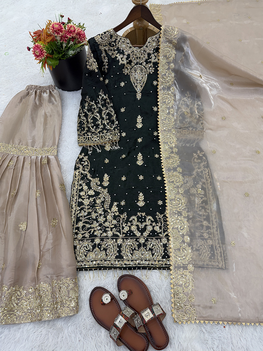 Black Heavy Gmy Silk Embroidery Sequins Rivet Moti Work Wedding Party Festival Casual Ready Sharara Pant Salwar Kameez