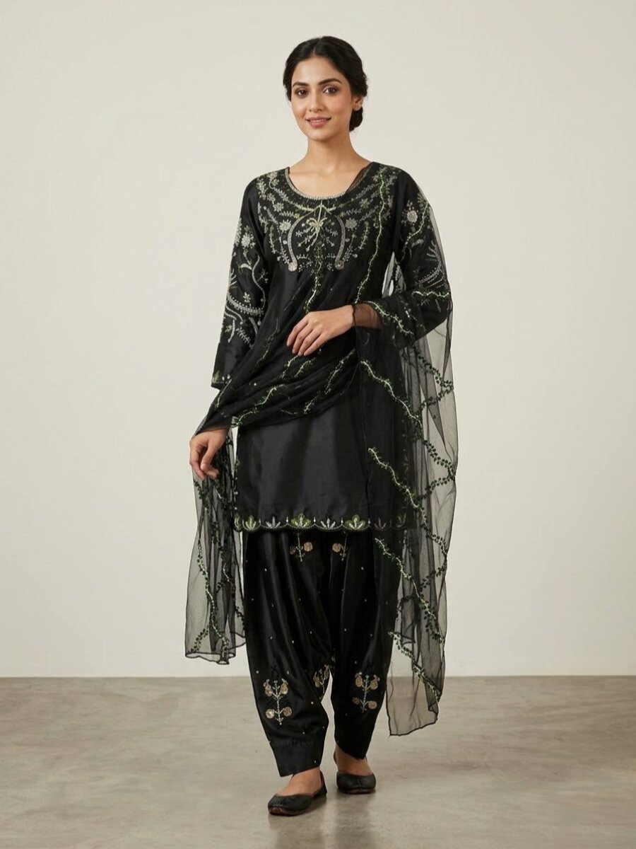 Black Heavy Japan Satin Embroidery Sequins Wedding Party Festival Casual Farsi Pant Salwar Kameez