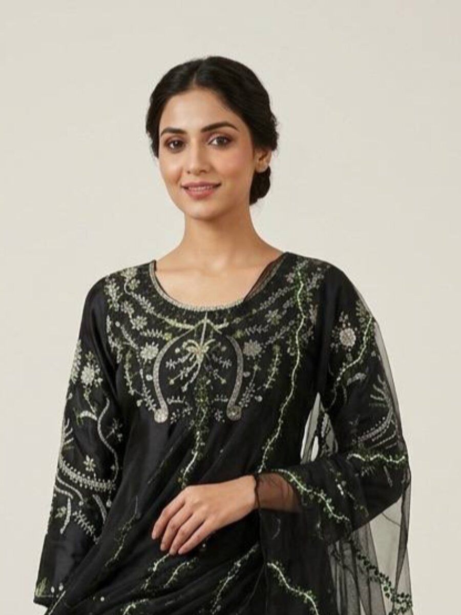 Black Heavy Japan Satin Embroidery Sequins Wedding Party Festival Casual Farsi Pant Salwar Kameez