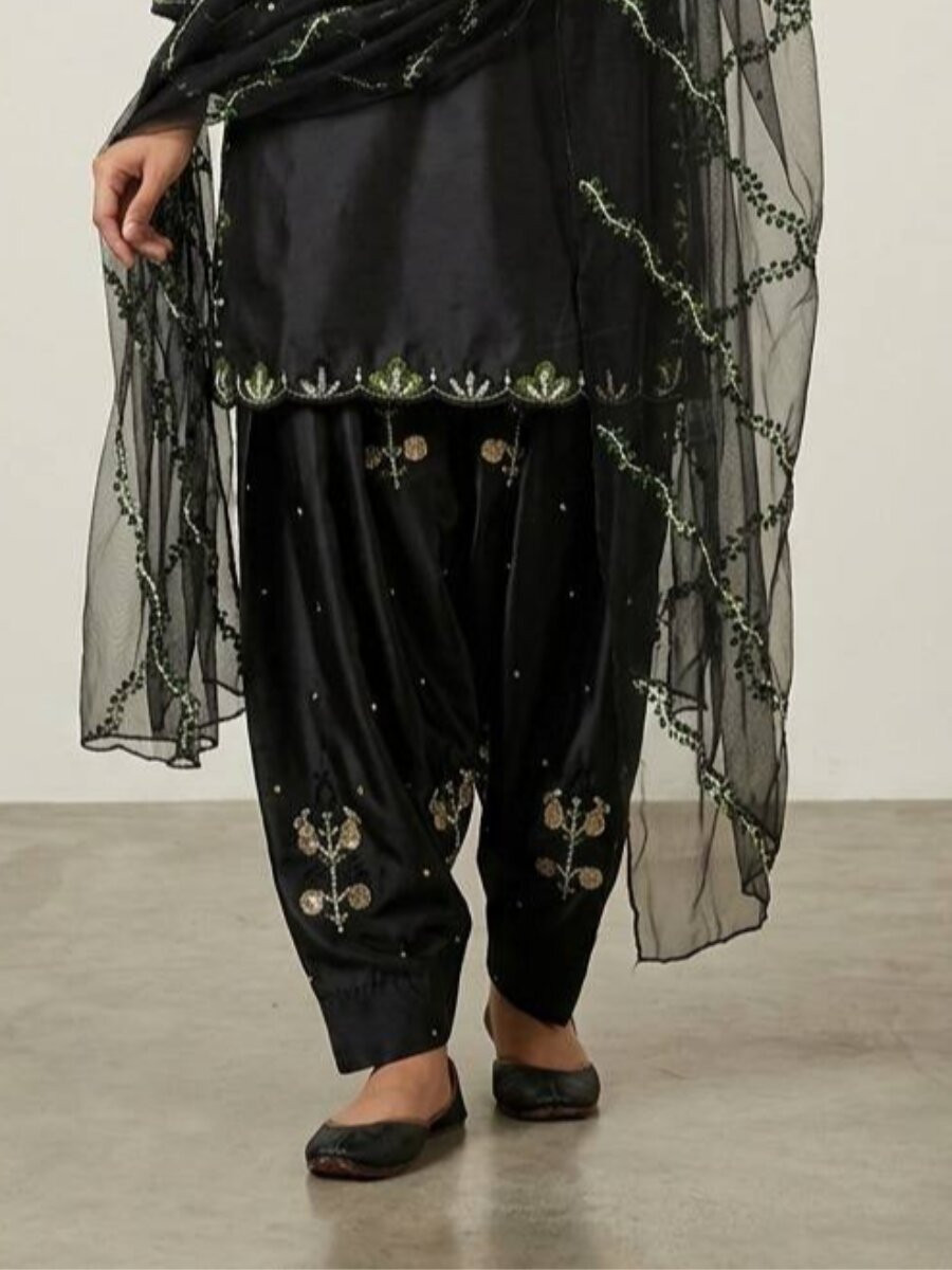 Black Heavy Japan Satin Embroidery Sequins Wedding Party Festival Casual Farsi Pant Salwar Kameez