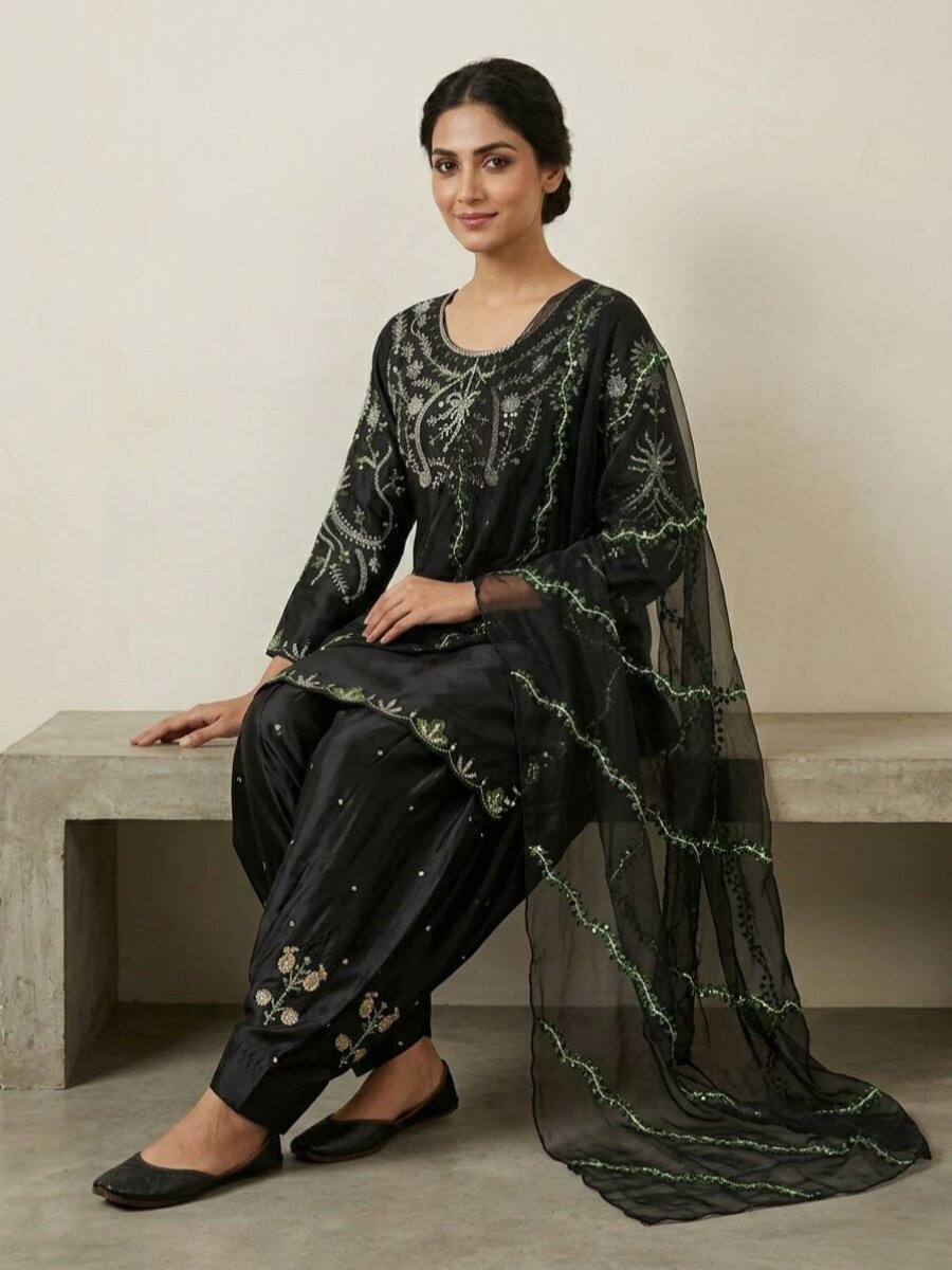 Black Heavy Japan Satin Embroidery Sequins Wedding Party Festival Casual Farsi Pant Salwar Kameez