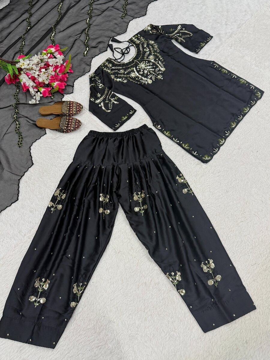 Black Heavy Japan Satin Embroidery Sequins Wedding Party Festival Casual Farsi Pant Salwar Kameez