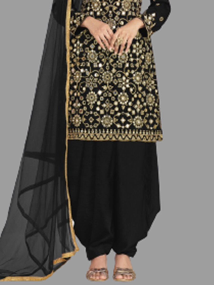 Black Heavy Kasturi Pure Silk Embroidered Festival Mehendi Patiala Salwar Kameez