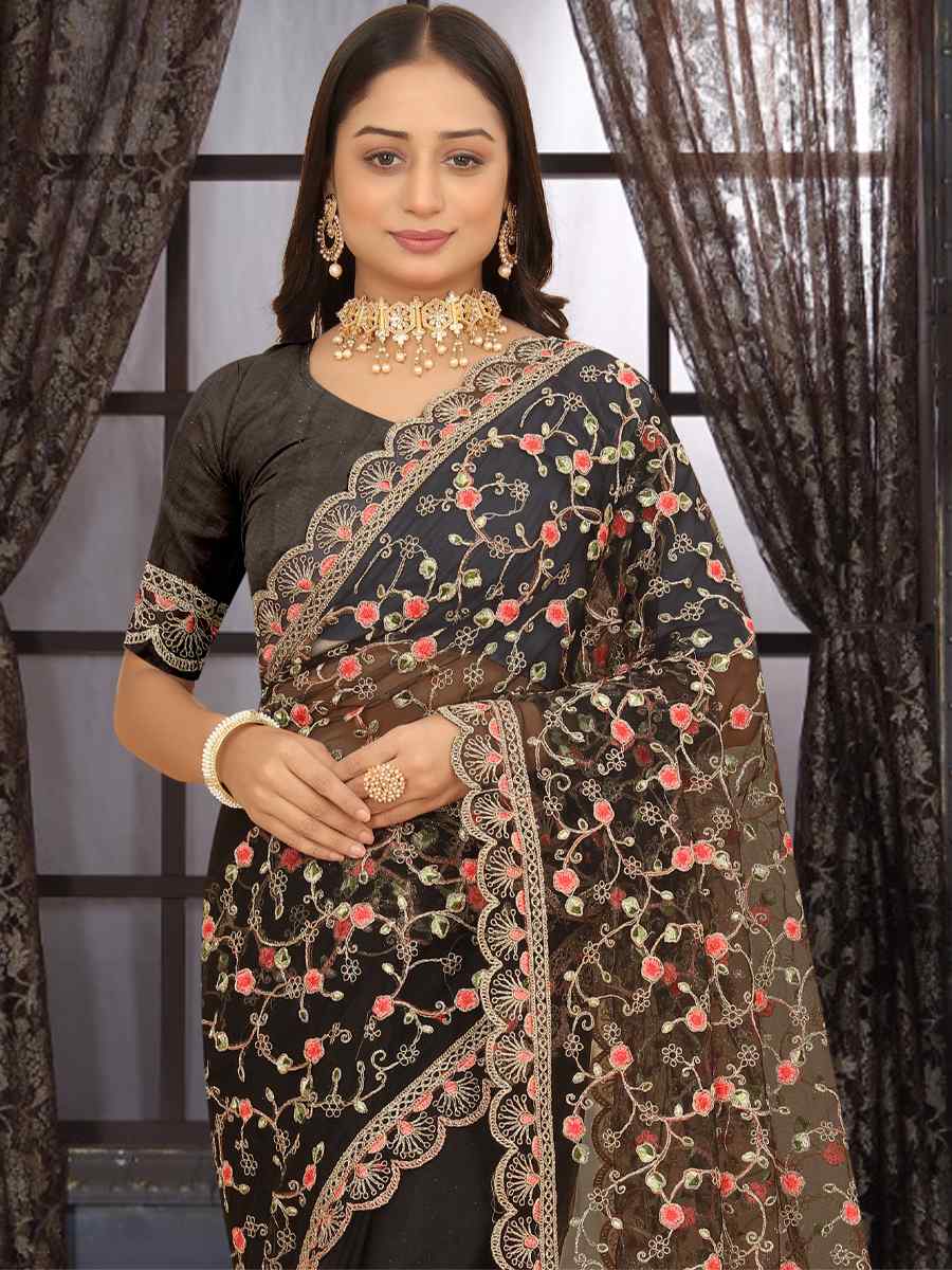 Black Heavy Net Embroidered Party Festival Heavy Border Saree