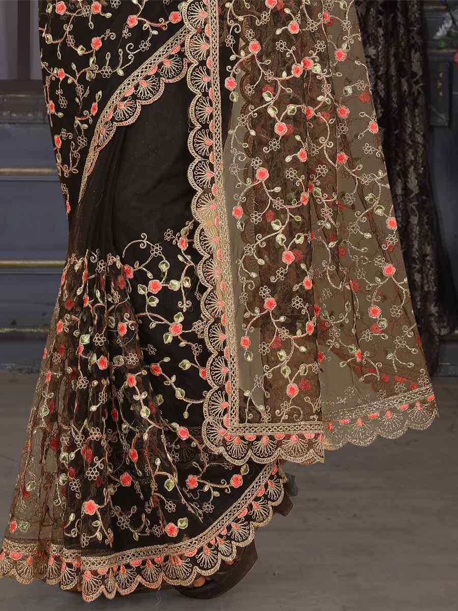 Black Heavy Net Embroidered Party Festival Heavy Border Saree