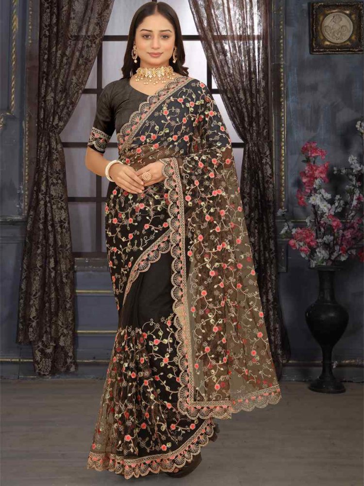 Black Heavy Net Embroidered Party Festival Heavy Border Saree