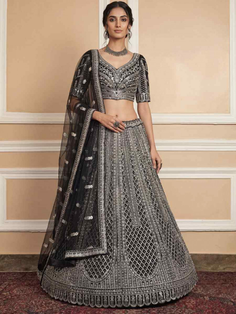 Image of Black Heavy Net Embroidery Bridal Wedding Reception Festival Heavy Border Lehenga Choli