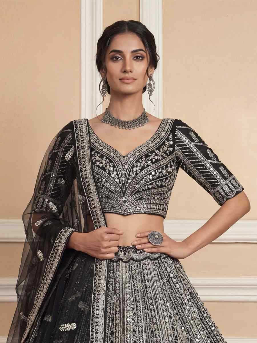 Black Heavy Net Embroidery Bridal Wedding Reception Festival Heavy Border Lehenga Choli