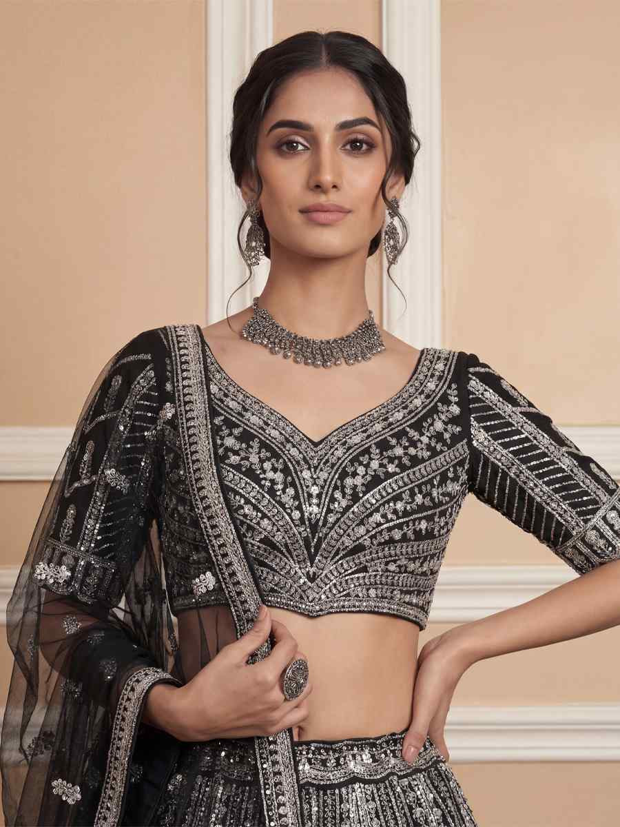 Black Heavy Net Embroidery Bridal Wedding Reception Festival Heavy Border Lehenga Choli