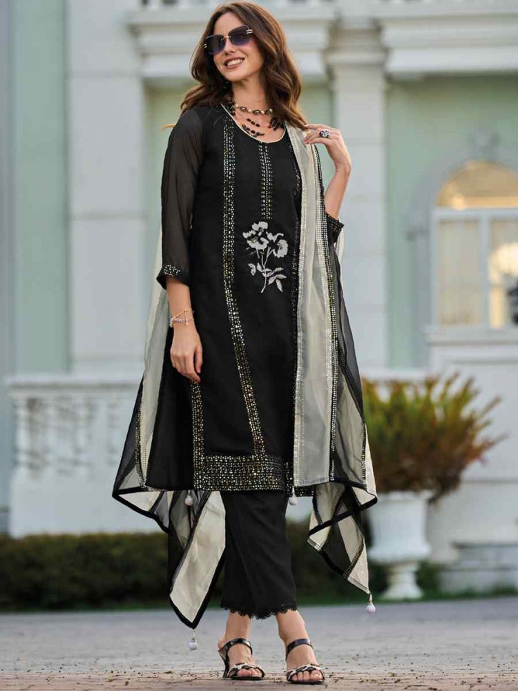 Black Heavy Organza Embroidered Festival Casual Ready Pant Salwar Kameez