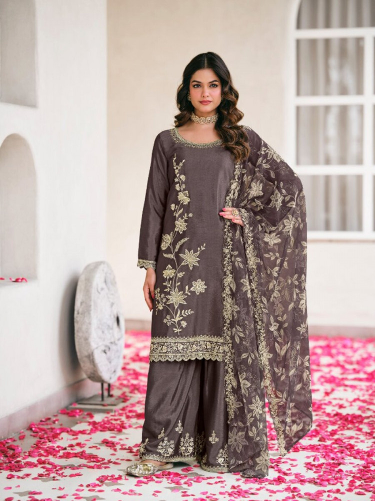 Image of Black Heavy Premium Chiffon Embroidery Wedding Party Festival Casual Palazzo Pant Salwar Kameez