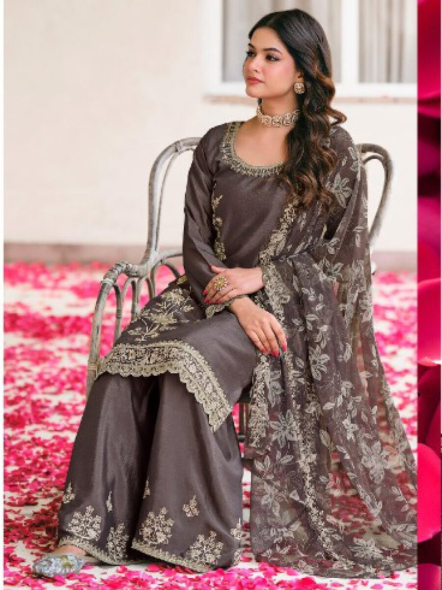Black Heavy Premium Chiffon Embroidery Wedding Party Festival Casual Palazzo Pant Salwar Kameez