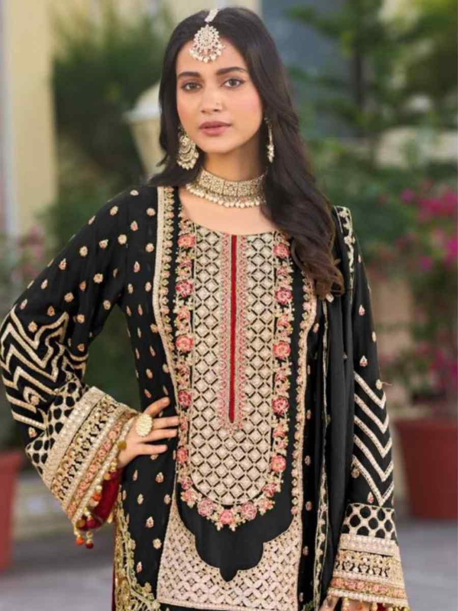 Black Heavy Pure Blooming Georgette Silk Embroidered Festival Casual Ready Sharara Pant Salwar Kameez