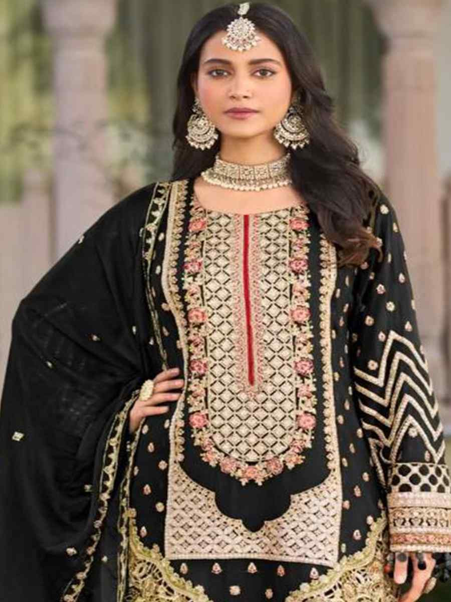 Black Heavy Pure Blooming Georgette Silk Embroidered Festival Casual Ready Sharara Pant Salwar Kameez