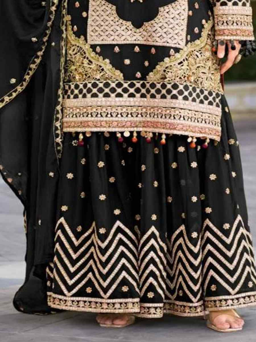 Black Heavy Pure Blooming Georgette Silk Embroidered Festival Casual Ready Sharara Pant Salwar Kameez