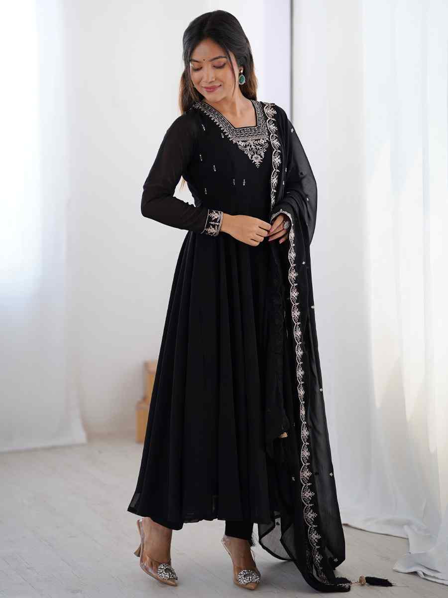 Black Heavy Pure Soft Fox Georgette Embroidered Festival Casual Ready Anarkali Salwar Kameez