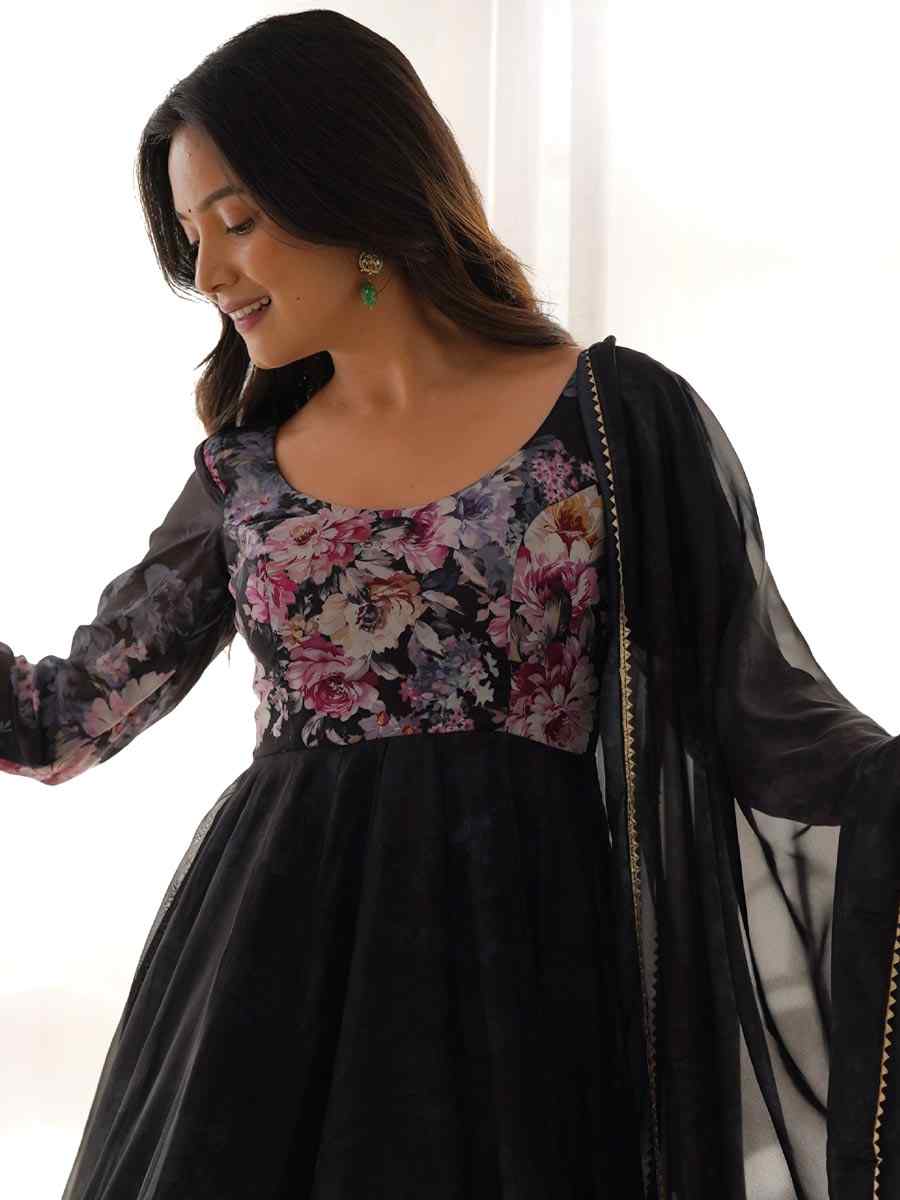 Black Heavy Pure Soft Organza Silk Printed Festival Casual Ready Anarkali Salwar Kameez