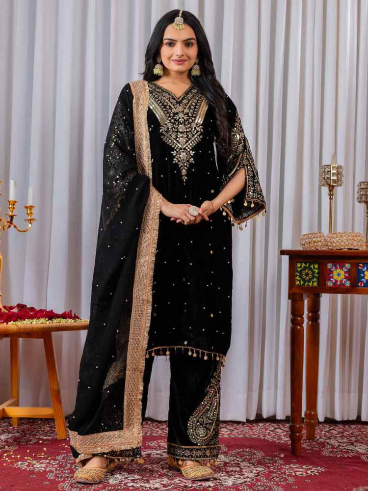 Image of Black Heavy Pure Viscose Velvet Embroidery Party Wedding Festival Casual Ready Pant Salwar Kameez