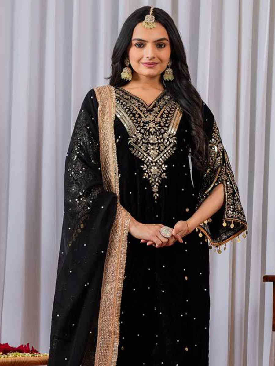 Black Heavy Pure Viscose Velvet Embroidery Party Wedding Festival Casual Ready Pant Salwar Kameez
