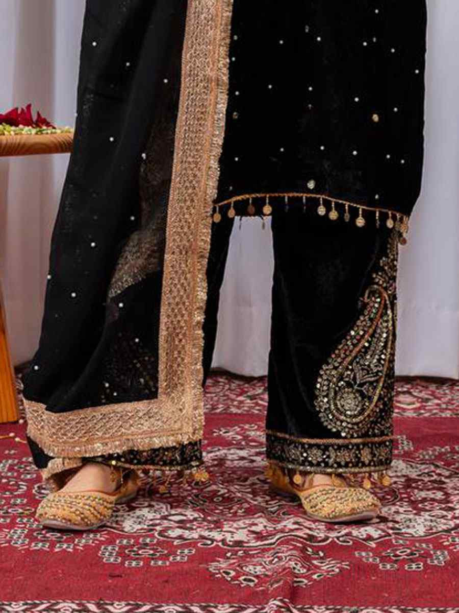 Black Heavy Pure Viscose Velvet Embroidery Party Wedding Festival Casual Ready Pant Salwar Kameez