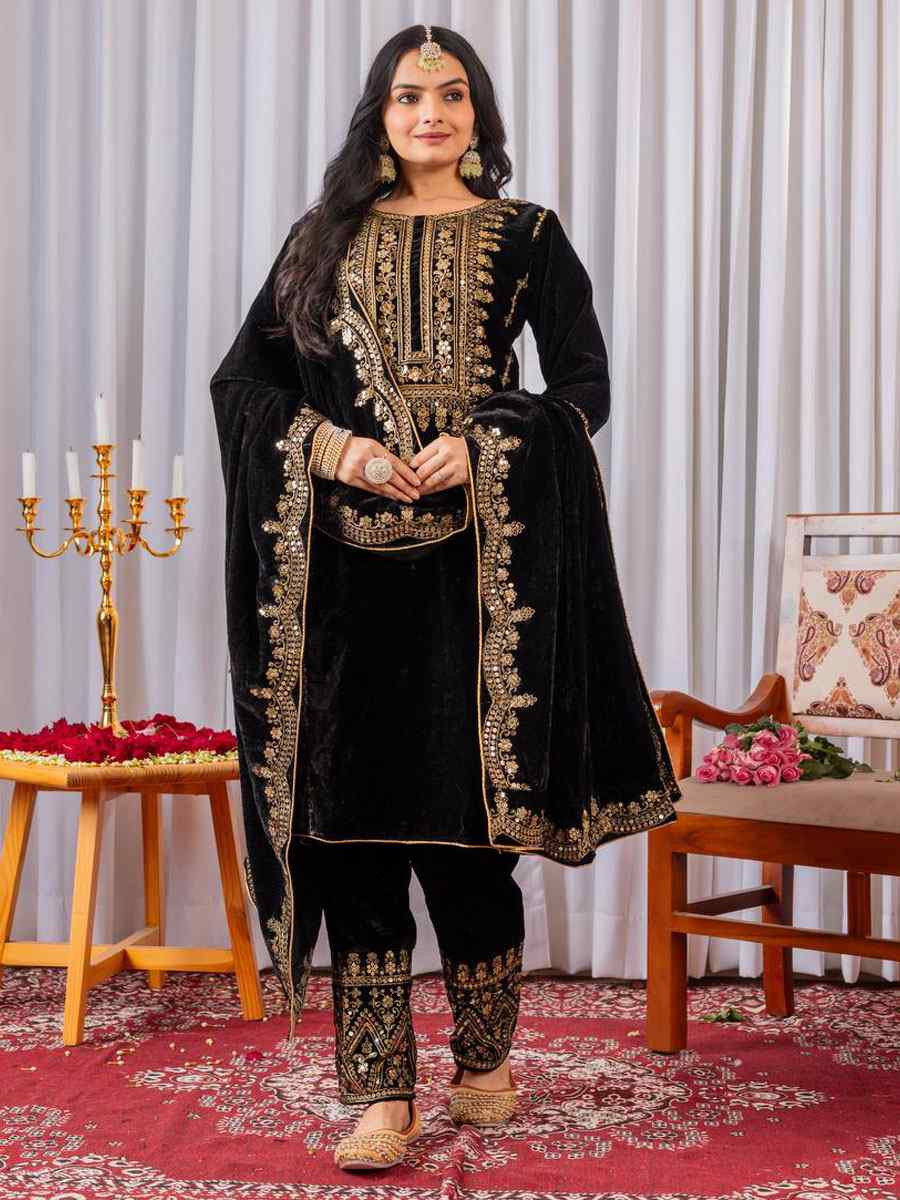 Black Heavy Pure Viscose Velvet Embroidery Party Wedding Festival Casual Ready Pant Salwar Kameez
