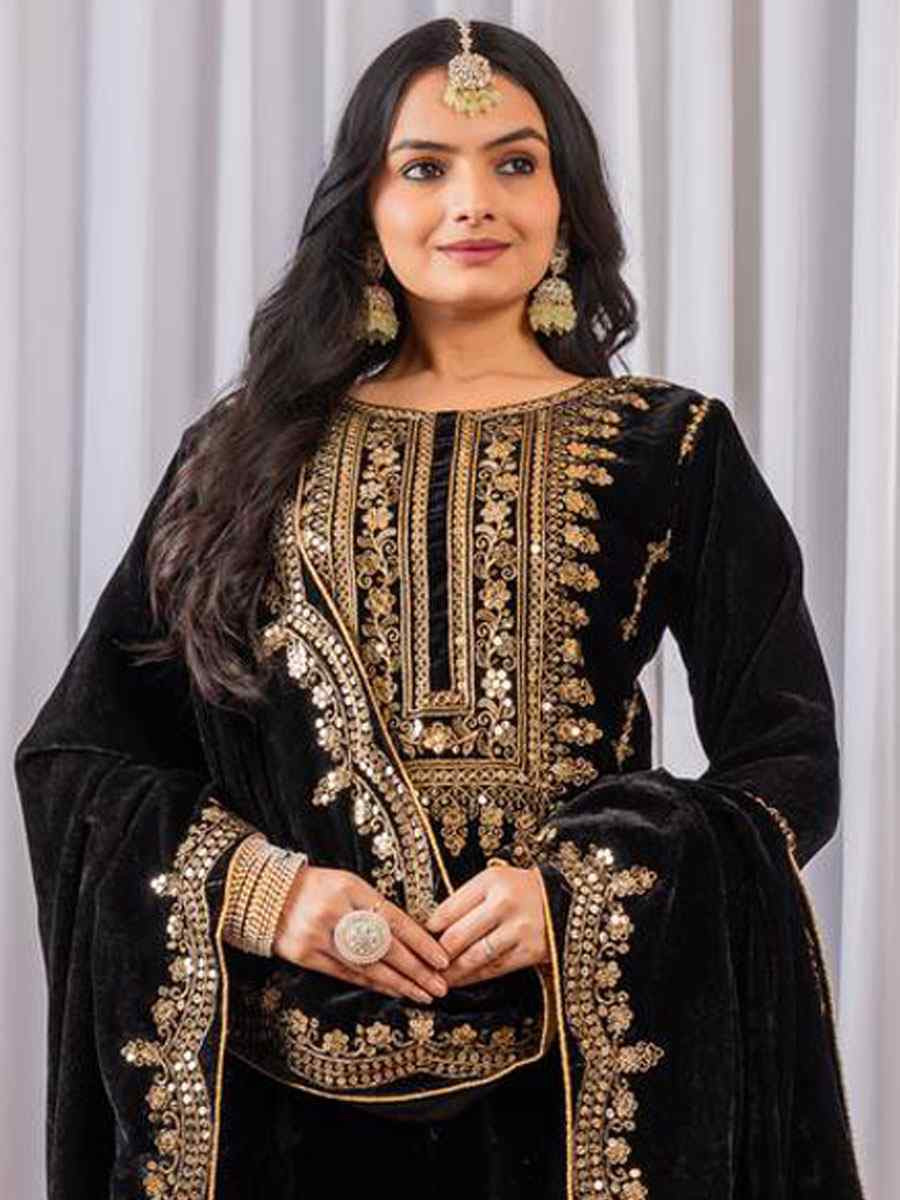 Black Heavy Pure Viscose Velvet Embroidery Party Wedding Festival Casual Ready Pant Salwar Kameez