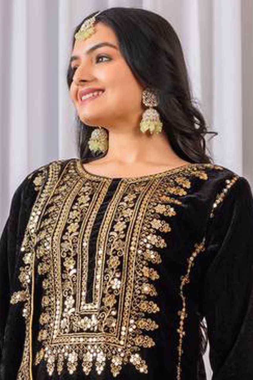 Black Heavy Pure Viscose Velvet Embroidery Party Wedding Festival Casual Ready Pant Salwar Kameez
