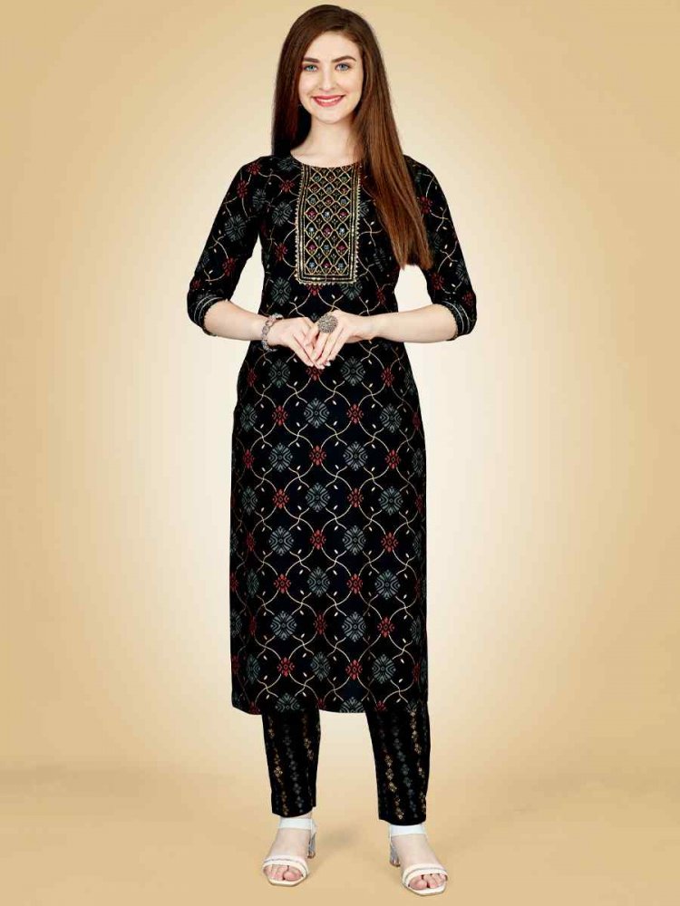 Black Heavy Rayon 14 Kgs Embroidered Festival Casual Kurti With Bottom