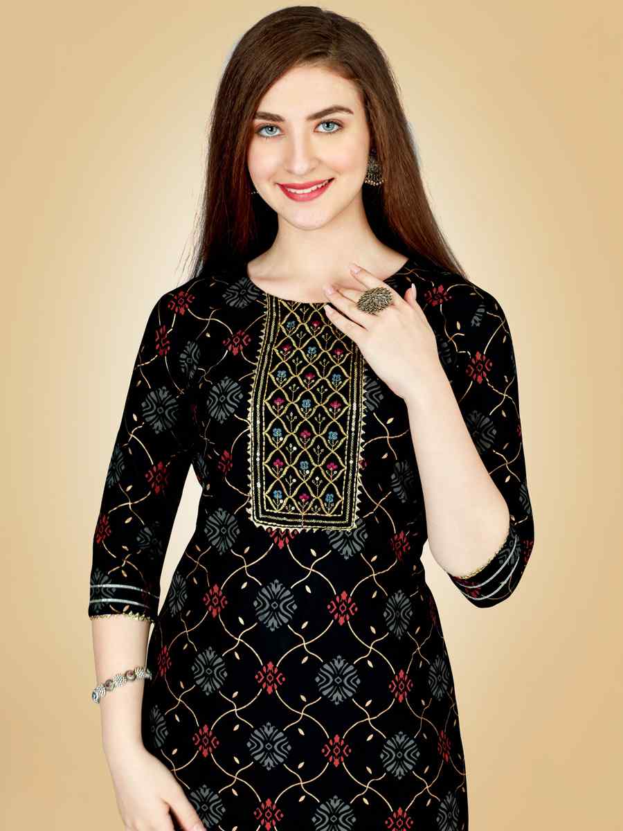 Black Heavy Rayon 14 Kgs Embroidered Festival Casual Kurti