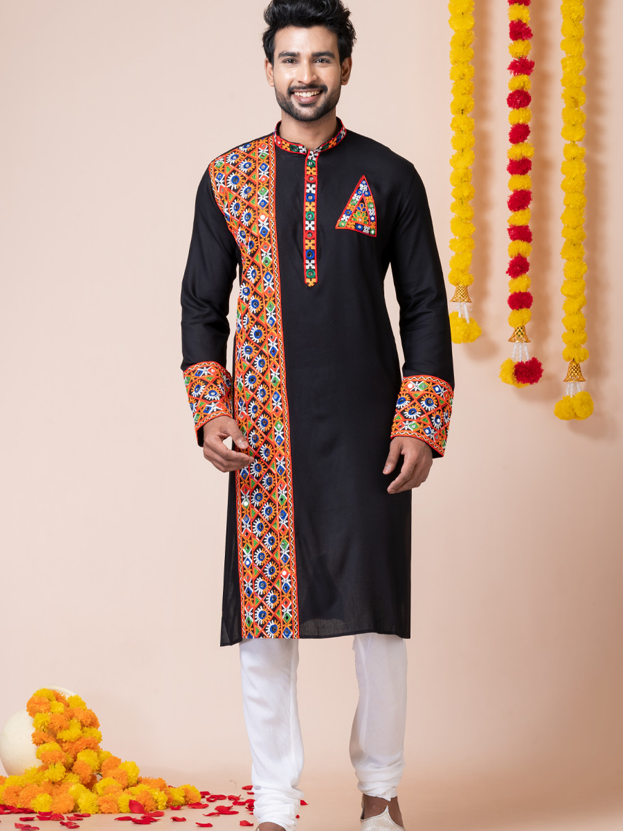 Black Heavy Rayon Embroidered Festival Wedding Kurta