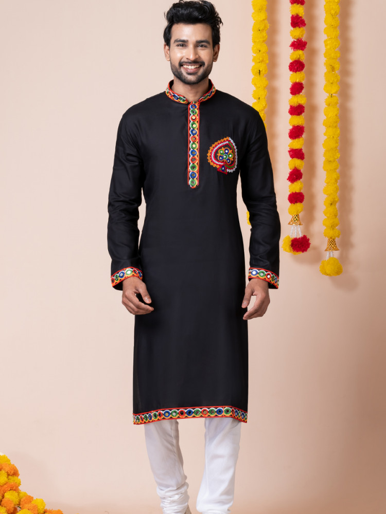 Black Heavy Rayon Embroidered Festival Wedding Kurta