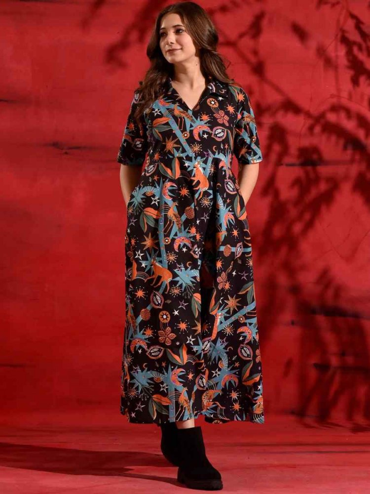 Black Heavy Rayon Printed Festival Casual Gown