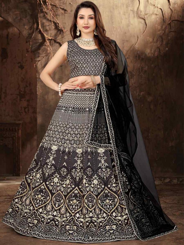 Black Heavy Satin Embroidered Festival Wedding Heavy Border Lehenga Choli